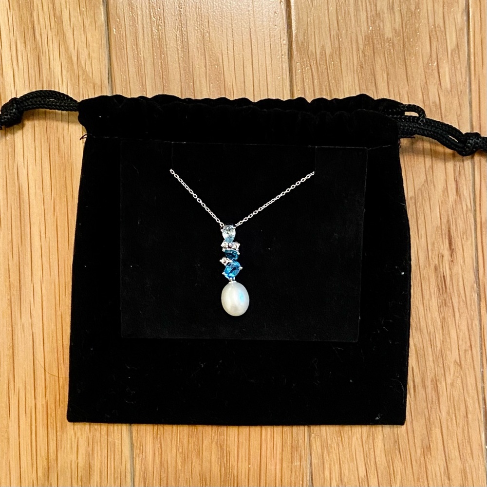 Cultured Pearl, Blue Topaz & White Topaz Necklace